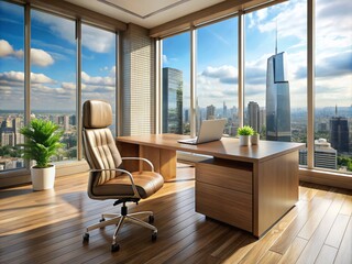 Modern high-backed executive chair and sleek wooden desk situated in a bright, spacious office with a cityscape view