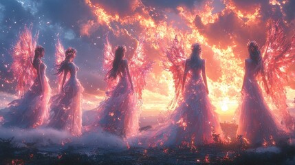 Enchanting ethereal figures with glowing wings standing against a vibrant fiery sunset