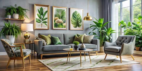 Modern grey sofa and armchair surrounded by lush green potted plants, complemented by gold decorative accents and