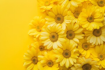 Bright yellow daisies in close-up view forming a vibrant and cheerful pattern on a yellow background, evoking happiness and warmth.