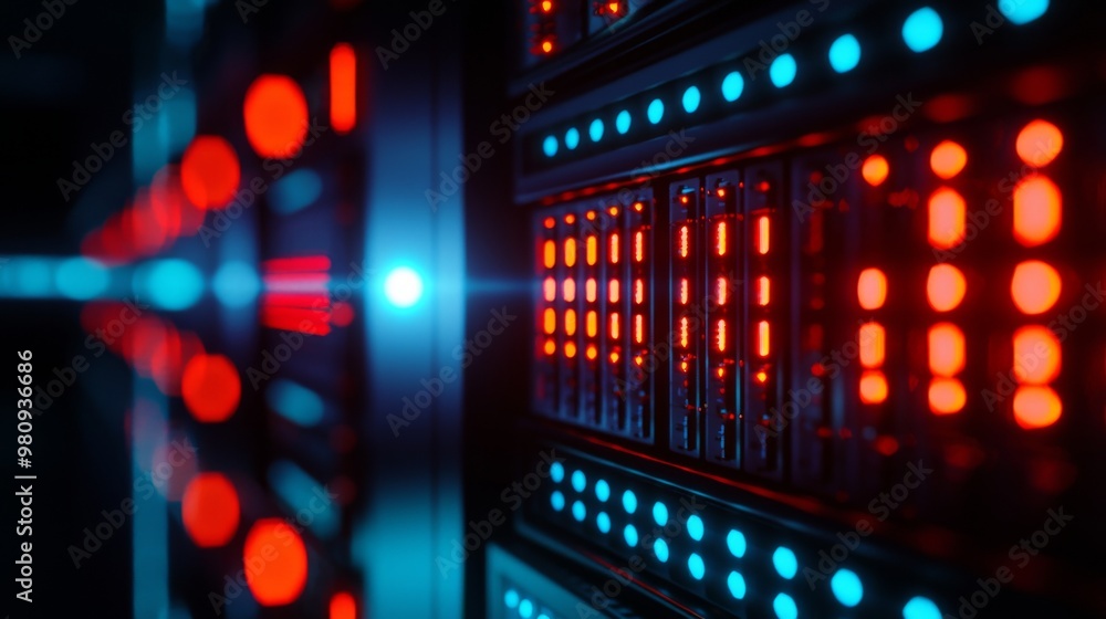 Poster the intricate network of lights and data flowing through one of the server racks illuminated by warm