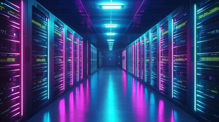 Fototapeta premium In the center of the data center are vibrant blue and pink neon lights that illuminate the vast network of servers that power the digital world.