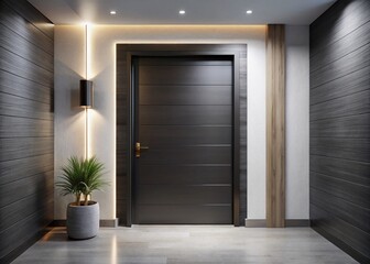 Modern interior design features a sleek, black wooden door with horizontal metallic handles, surrounded by a minimalist