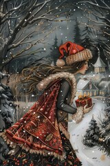 Obraz premium Enchanting Winter Night Girl with Gifts in Snowy Forest Village