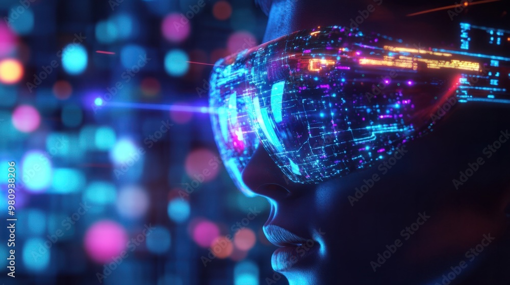 Poster a concept image of a person connected to the metaverse through neural links, visualizing data and vi