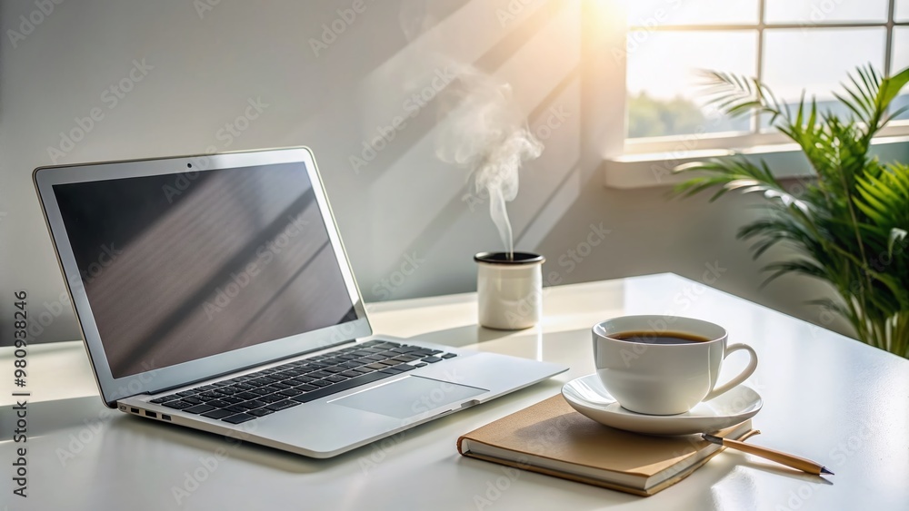 Poster simple and serene workspace setup featuring a laptop, steaming coffee cup, and open notebook on a cl