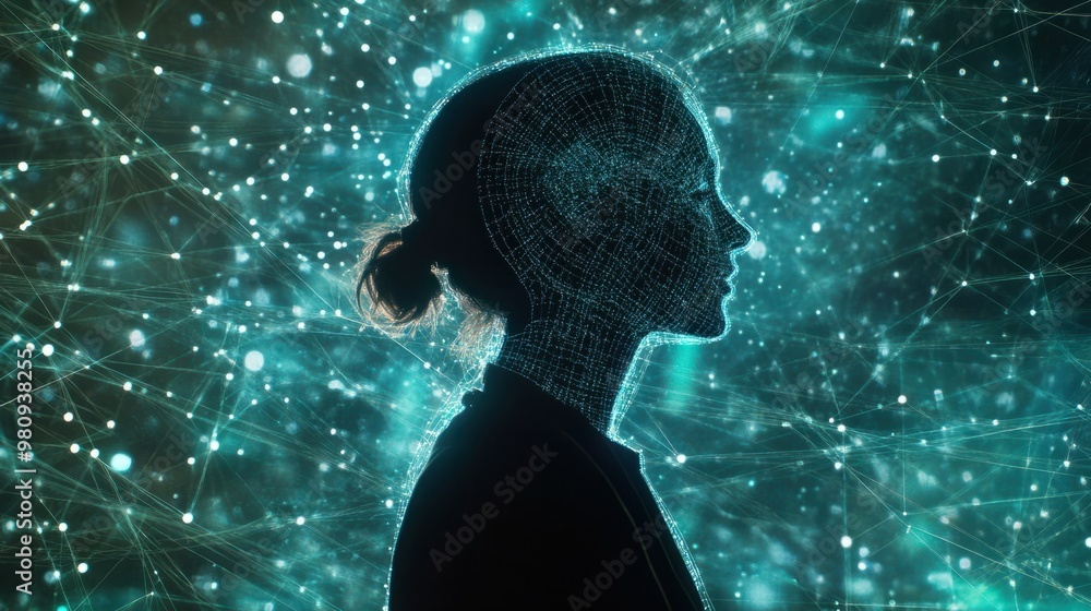 Poster a concept image of a person connected to the metaverse through neural links, visualizing data and vi