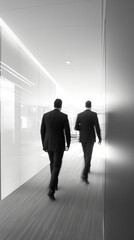 Fototapeta premium Two businessmen are walking down a modern office hallway with a serious expression