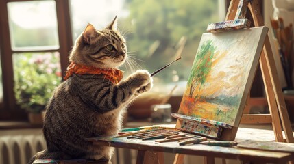 Artistic Cat: Feline Painter Creating Masterpiece on Canvas in Sunlit Studio