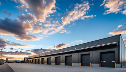 Sleek industrial warehouse with expansive parking lot beneath a stunning cloudy sky.