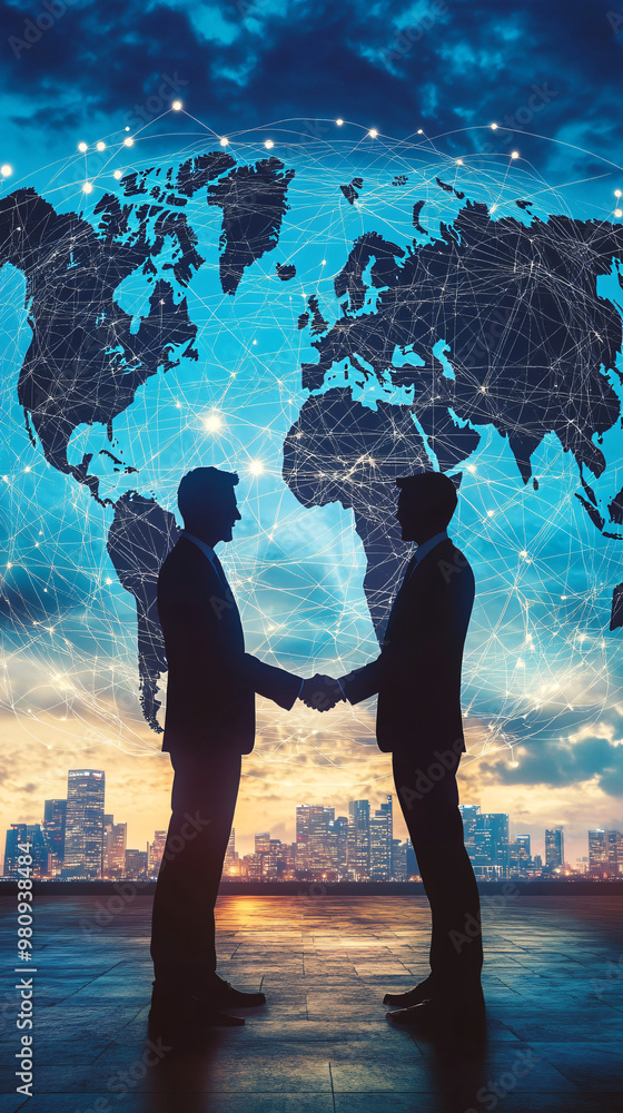 Poster two businessmen shaking hands with a world map and network connection on a city background