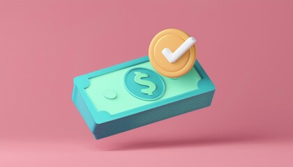 A playful illustration of a dollar bill and a coin with a checkmark, symbolizing financial success and positive transactions.