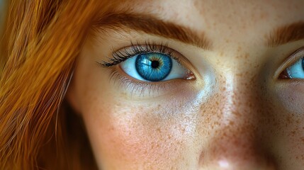 Fototapeta premium Close-up view of a young woman’s striking blue eyes and freckles, illuminated by soft natural light indoors in a cozy setting