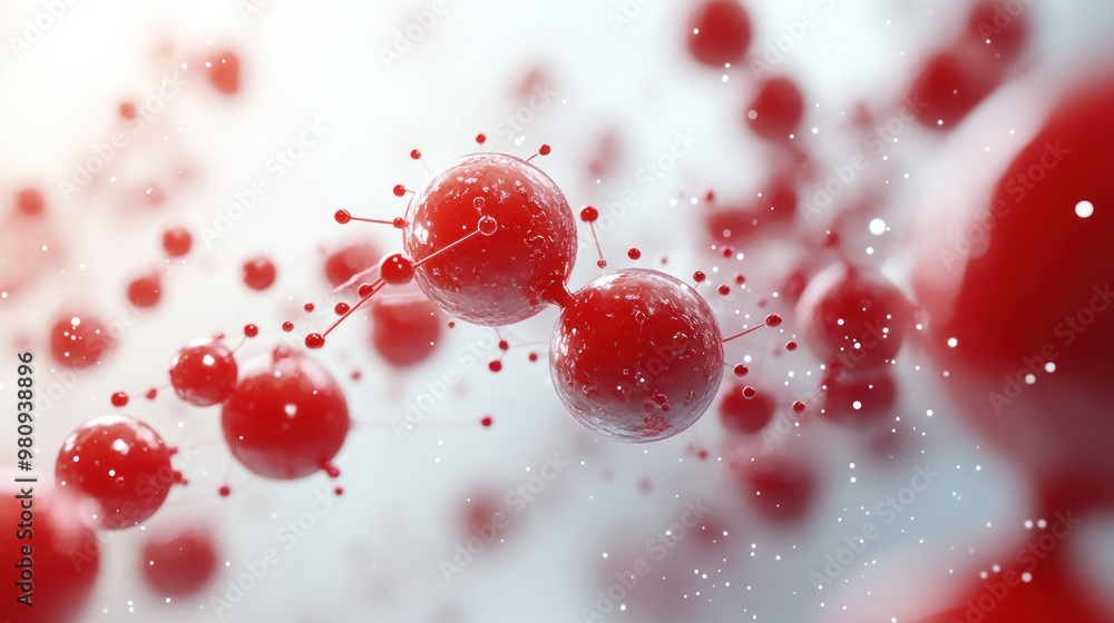 Poster abstract representation of red molecules in a scientific context.