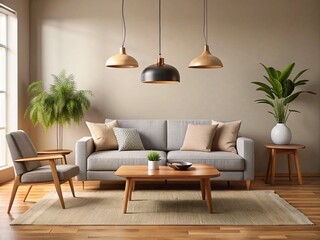 Modern living room with affordable stylish furniture, including a sleek couch, minimalist coffee table, and pendant