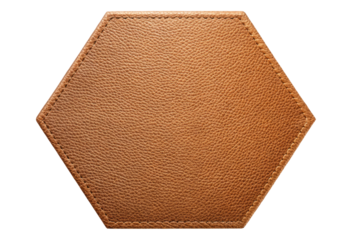 Hexagonal brown leather patch isolated with transparent background.