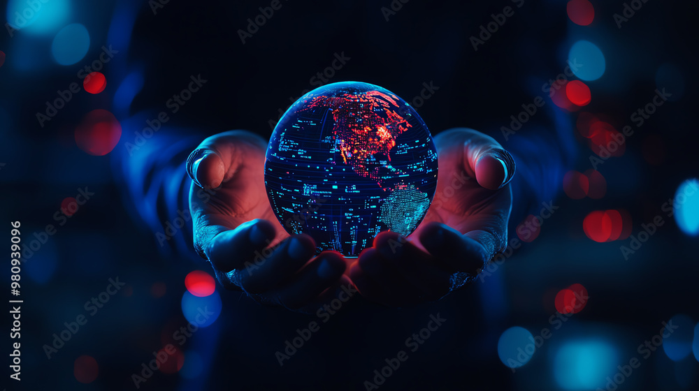 Poster a person holding a glowing globe of the earth, emphasizing technology and global connection in a vib
