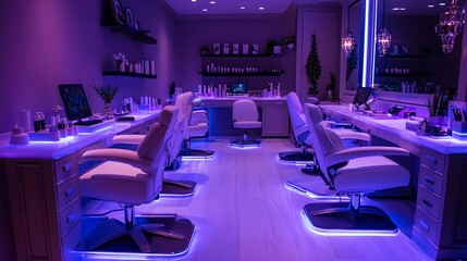 Obraz premium Nail tables with LED lamps ensure proper lighting for detailed nail art and precision work