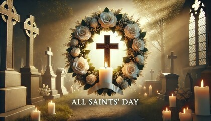 All Saints' Day Wreath with Cross and Candle in a Peaceful Cemetery