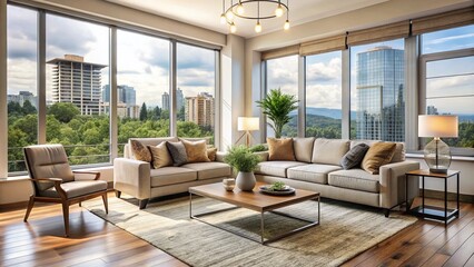 Modern living room with sleek, budget-friendly furniture, beige walls, and large windows, showcasing affordable home