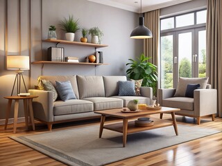 Modern living room with sleek, budget-friendly furniture, featuring a discount-priced sofa, coffee table, and