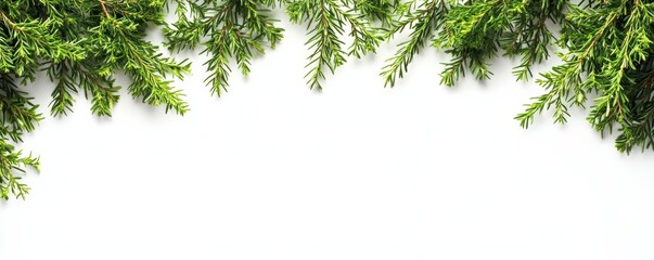 Green pine branches on a white background