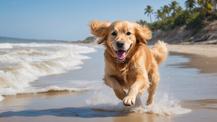 Happy Golden Retriever running on the sandy shore.