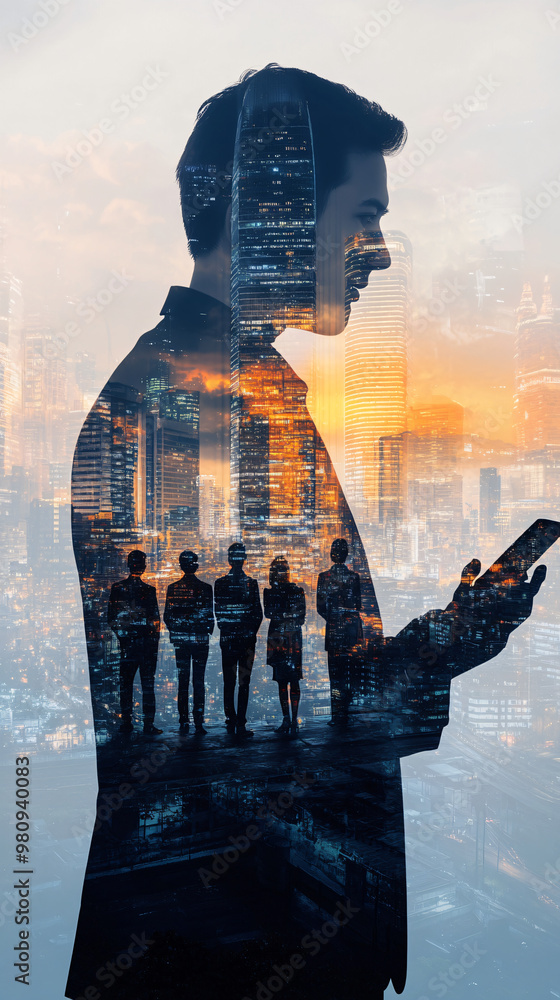 Poster business communication technology concept with double exposure of businessman using smartphone and c