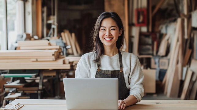 Smiling Asian Female Woodworker in Her Workshop