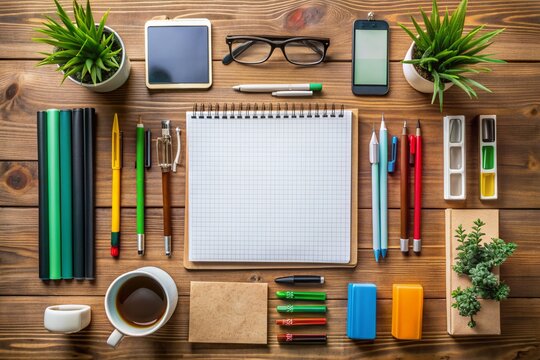 A meticulously organized flat lay arrangement of pens, papers, and office supplies on a clean wooden desk, incorporating thoughtful negative space for a sense of calm productivity.