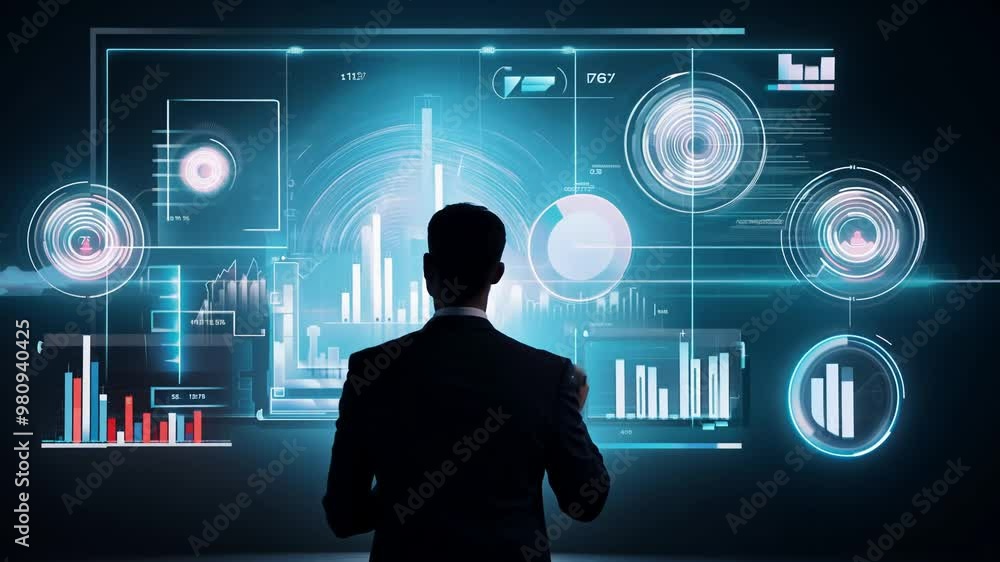 Poster a person explores an interactive digital display in a dimly lit environment, showcasing advanced tec