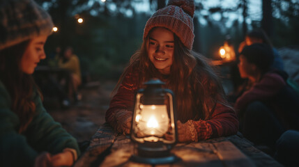 Close Portrait of Teen with Friends on Loghouse Terrace, Cozy Autumn Vibes