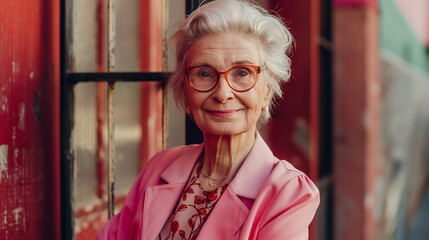 A pretty and stylish elderly woman in a pink jacket and smiles at the camera