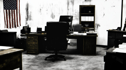 Empty office with american flag hanging in government building