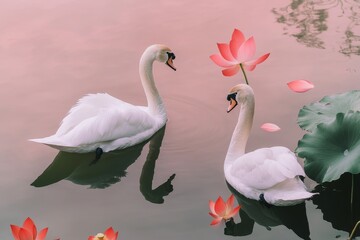 An elegant swan, butterfly, and flower on a white background.