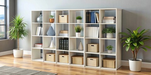 Fototapeta premium Modern minimalist 25-cube organizer storage bookcase with adjustable shelves and clean lines, ideal for home office