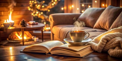 Obraz premium Serene living room atmosphere with open book, steaming tea, and plush couch, surrounded by warm lighting and cozy textures, evoking feelings of comfort and relaxation.