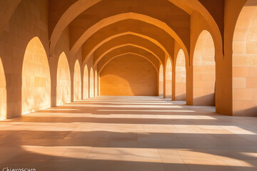 Long corridor of arched columns with warm sunlight casting shadows on the floor
