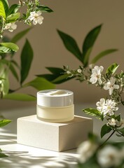 Natural skincare cream among fresh flowers and leaves