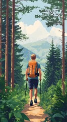 Naklejka premium Hiker Exploring Scenic Trail in Lush Forest