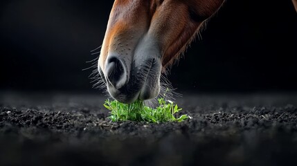 Naklejka premium A close-up of a horse's mouth as it pulls fresh green grass from the ground, highlighting the textures of the grass and the animals smooth fur.
