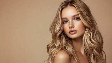 Naklejka premium A close-up portrait of a woman with wavy blonde hair and soft makeup against a neutral background.