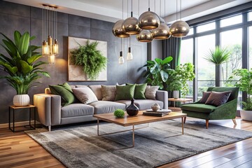 Modern minimalist living room featuring mixed metallic accents, statement lighting, plush area rugs, and lush greenery,