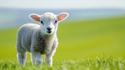 Obraz premium A baby lamb chewing contentedly on grass, ears standing straight, with the bright green countryside stretching out behind it.