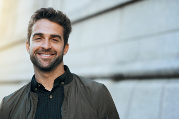 Man, portrait and smile outdoor in city for travel, morning commute and adventure for sightseeing...