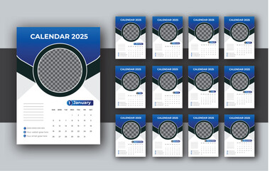 2025 Wall calendar template, corporate 12 month wall calendar 2025 schedule, week starts on Sunday, Simple vertical calendar design template.