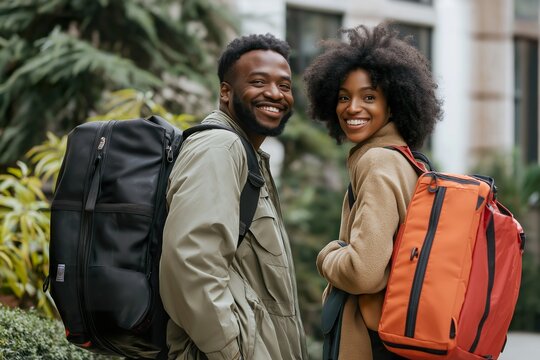 Travellers happily packing their luggage while preparing for a weekend getaway in an urban garden setting