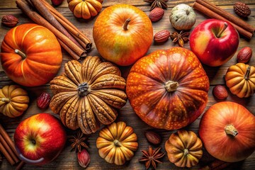 Vibrant organic pumpkins, crisp apples, rich pecans, and crunchy almonds mingle with cinnamon sticks, nutmeg, and star anise in a warm, autumnal flat lay arrangement.