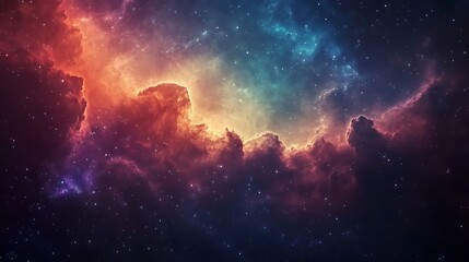 A vibrant cosmic scene featuring colorful nebulae and stars in a deep space environment.