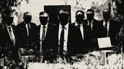 Group of government workers wearing suits and black masks standing in a line